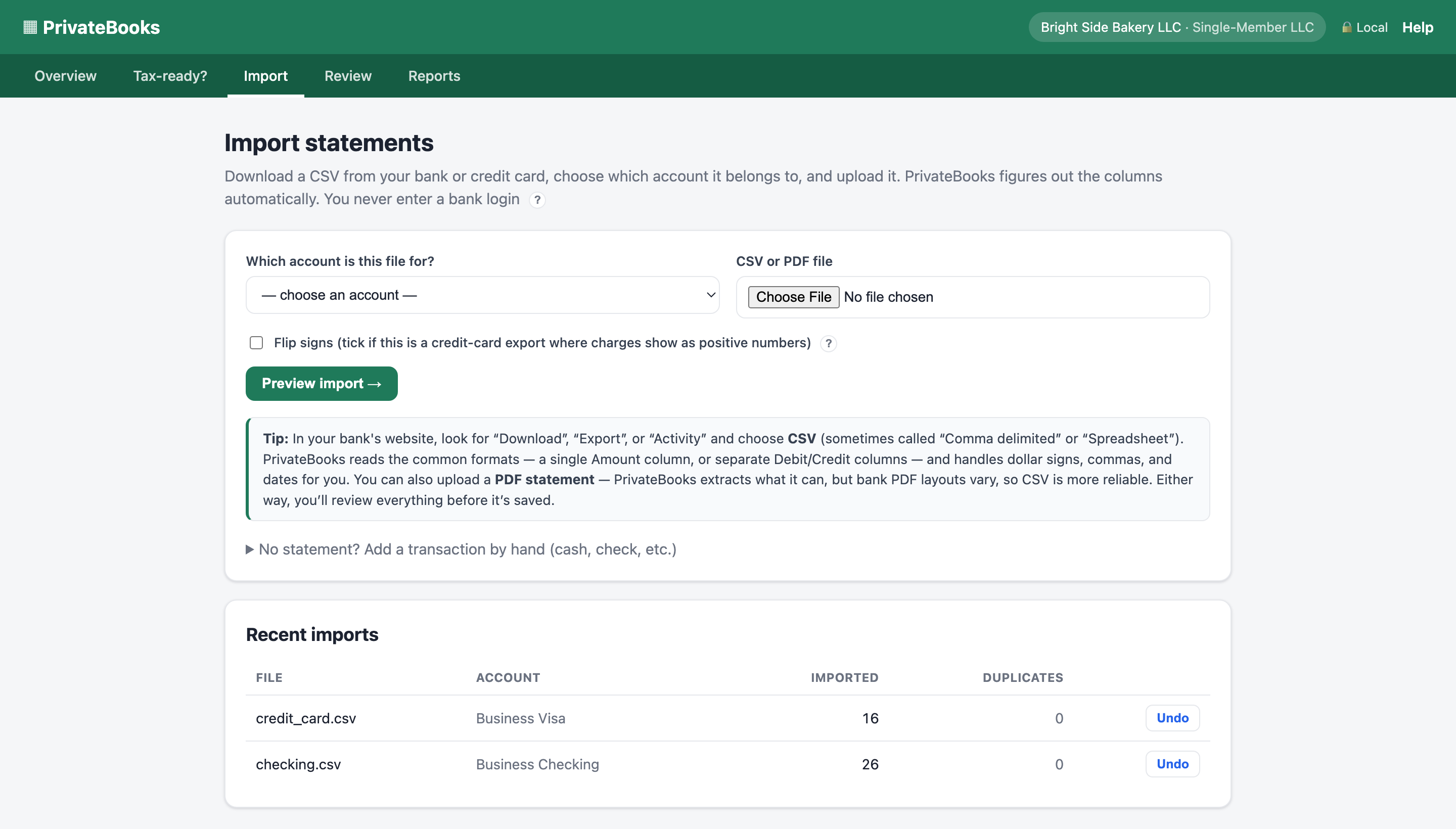 Import screen for uploading a bank statement file