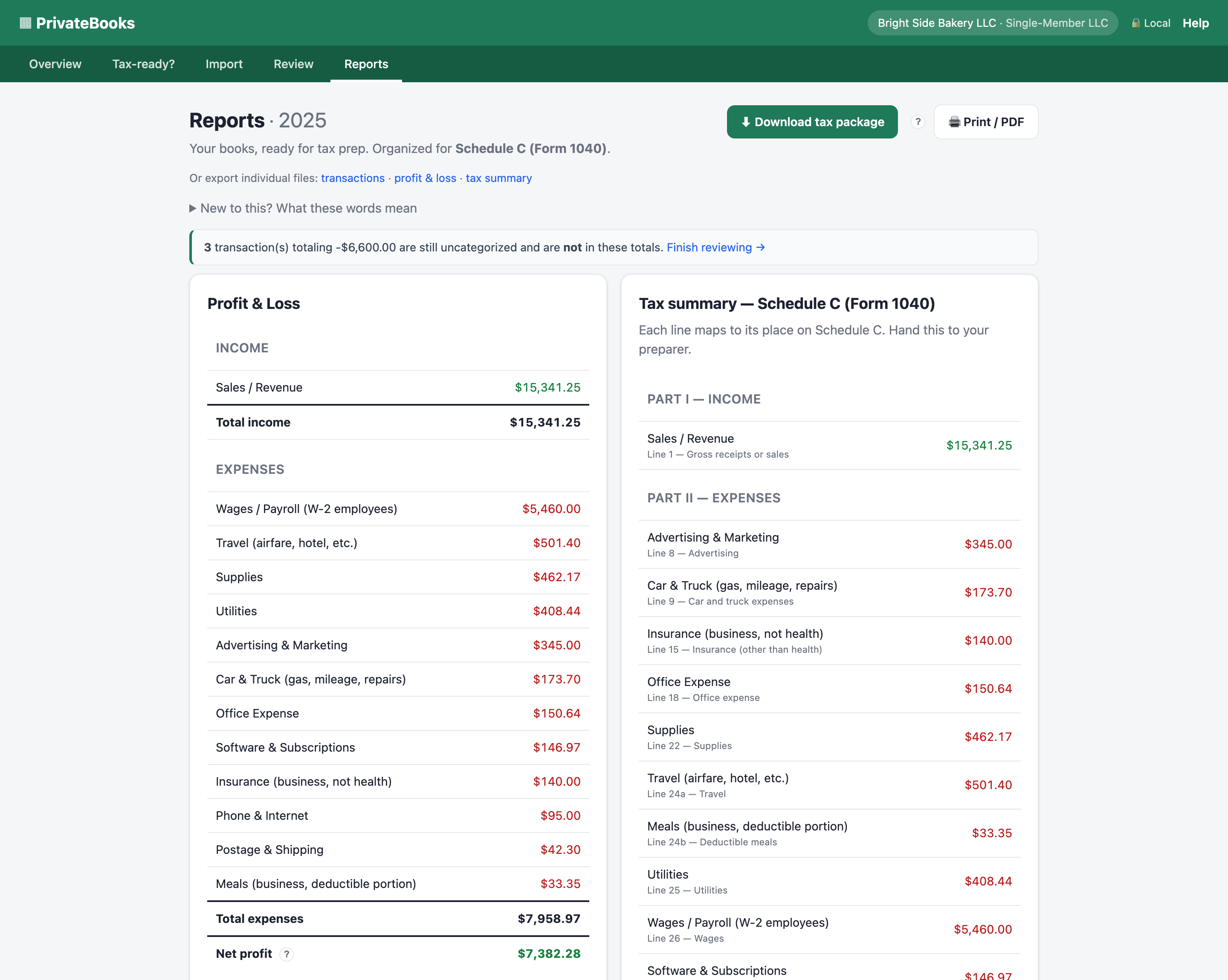 Reports screen with Profit and Loss and a Schedule C tax summary