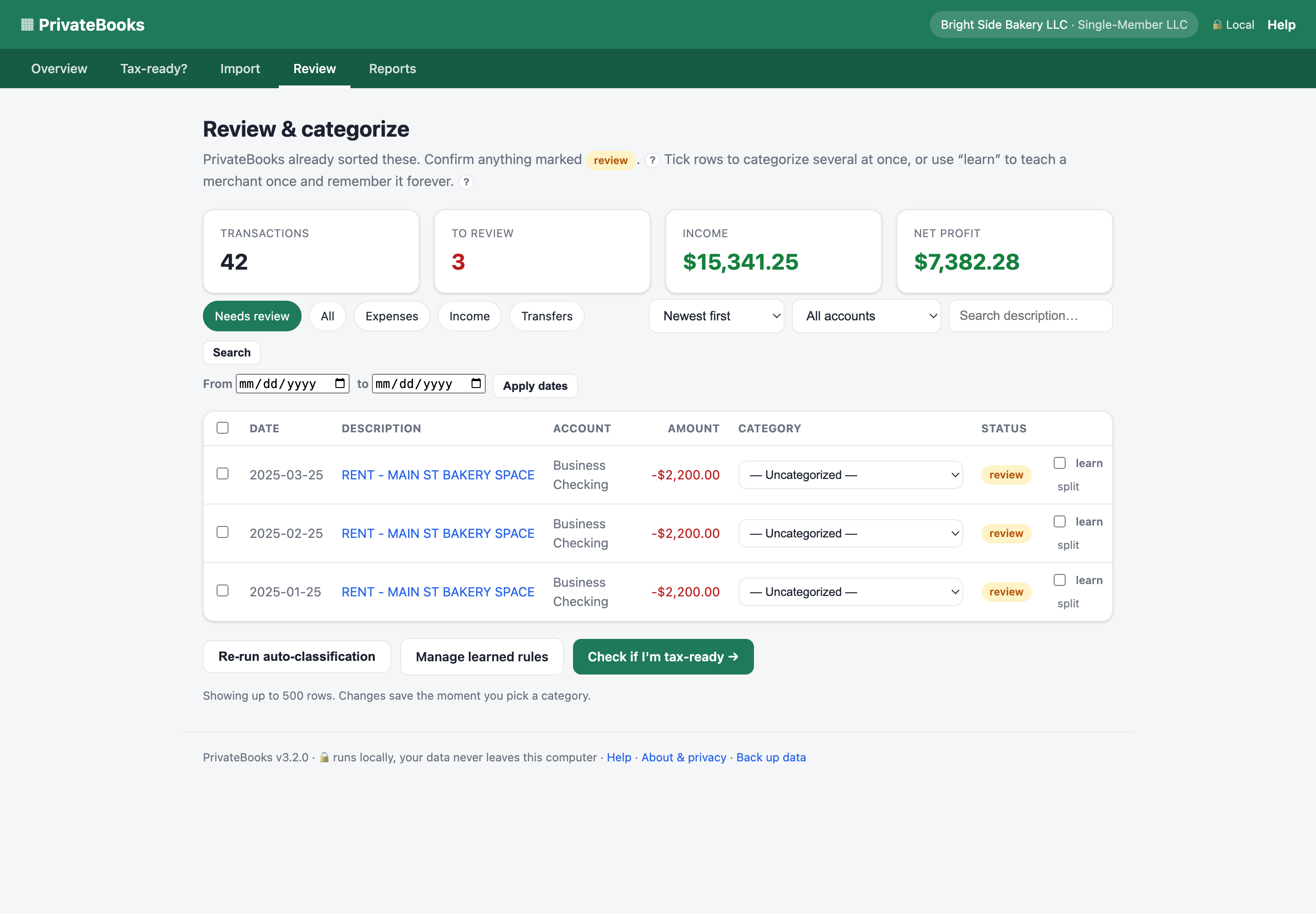 Review screen showing transactions sorted into categories