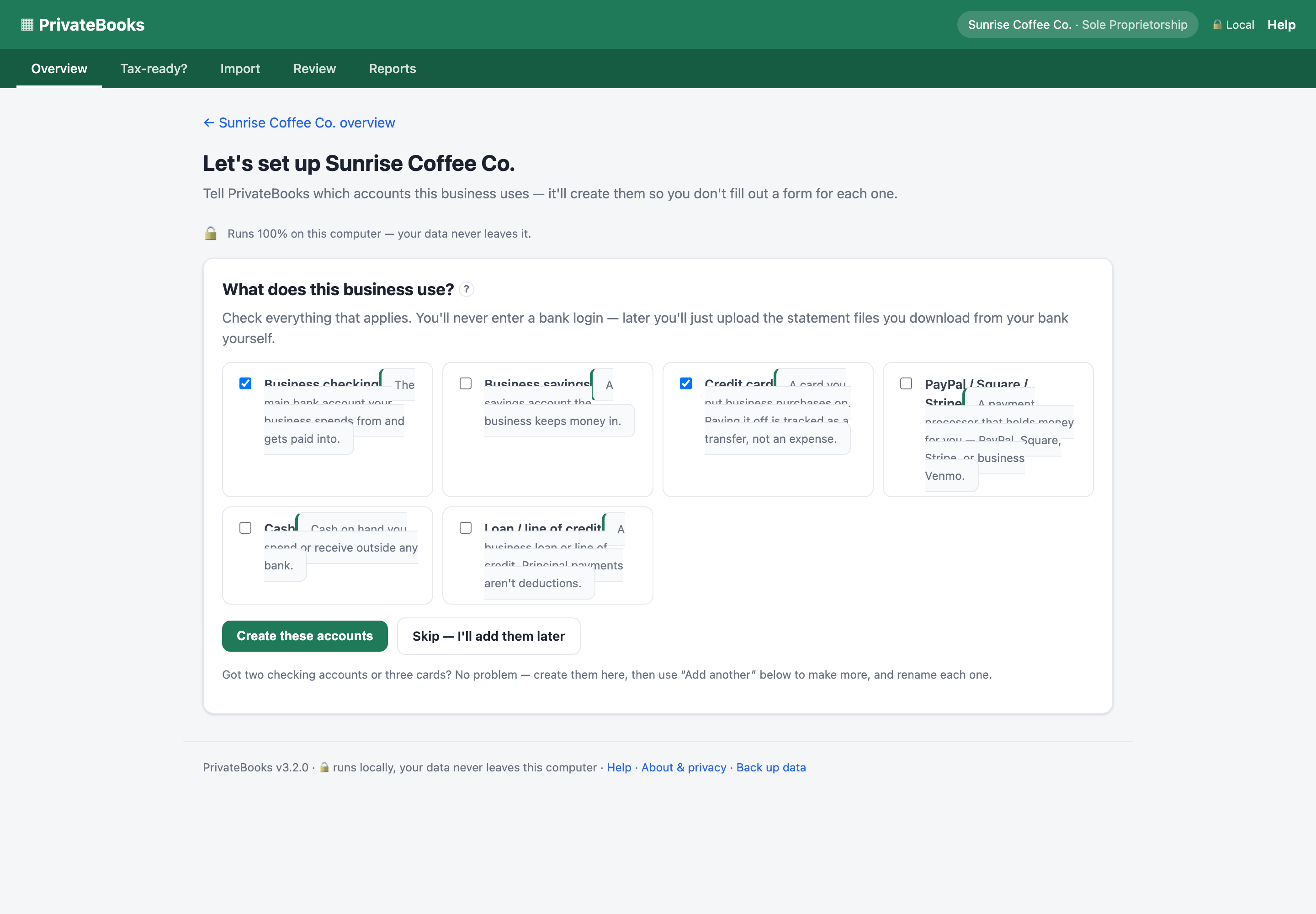 Guided account setup with a checkbox for each kind of account